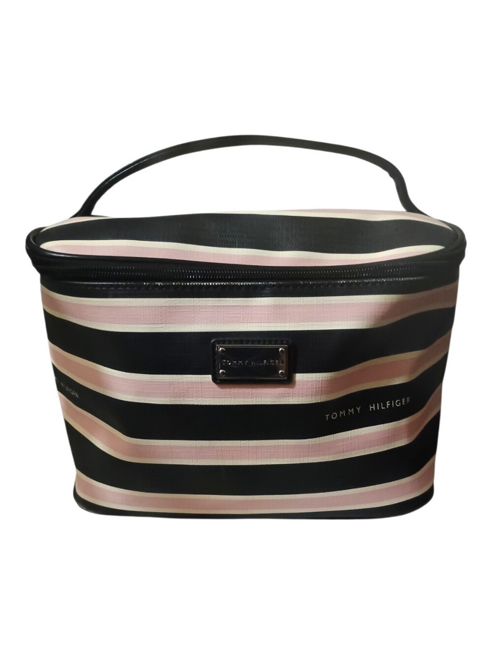 Travel Case Cosmetic/Toiletry Bag Large Black and Pink Striped Storage Tote